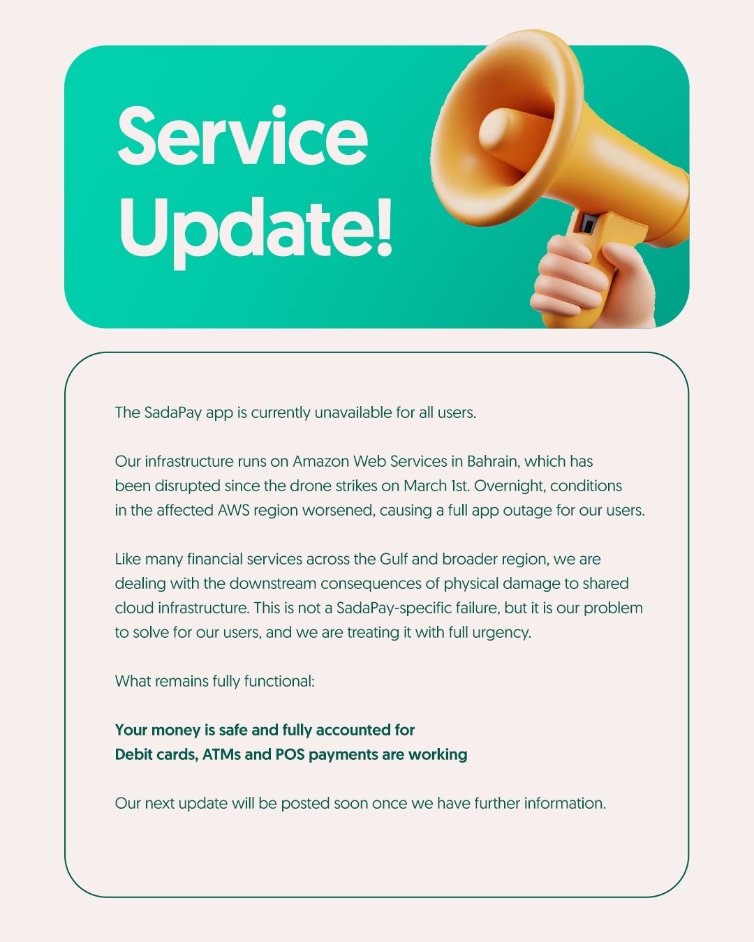 SadaPay's official service update notice during the March 2026 outage